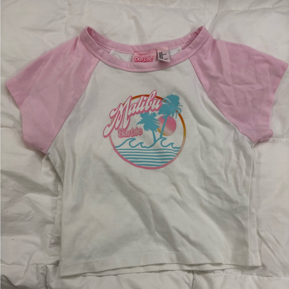 Forever 21 Pink and White Malibu Graphic Crop Top